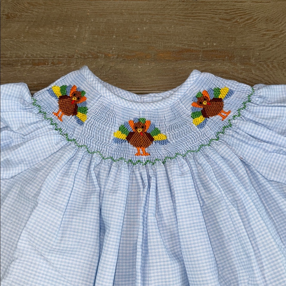 Southern Sunshine Girl Blue Gingham Gobble Gobble Smocked Long Bubble - 9M - Picture 3 of 11